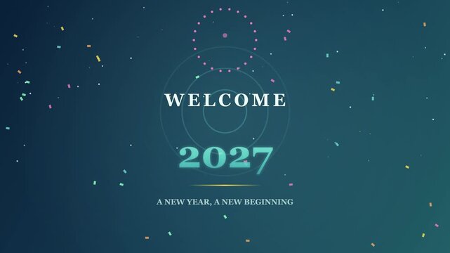 Animated Text Displaying Welcome 2027 with Confetti and Graphic Elements on Dark Background