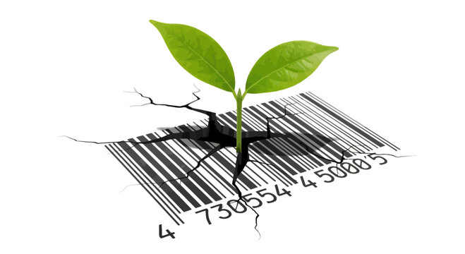 New Growth Sprouts Through Cracked Barcode, Symbolizing Innovation and Change