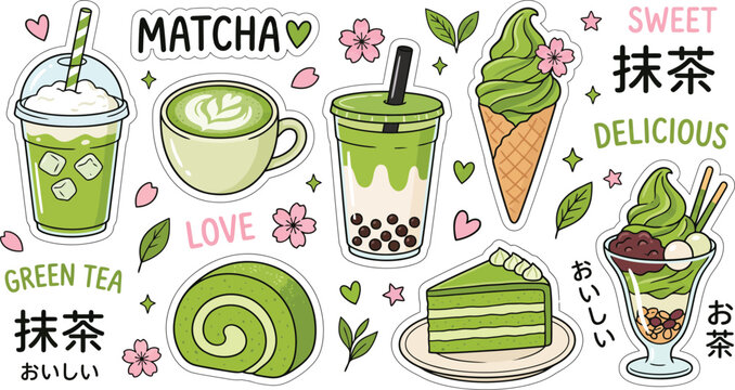 Japanese matcha green tea dessert sticker set, cute cafe food and drink vector icons, sweet boba tea and cake illustrations