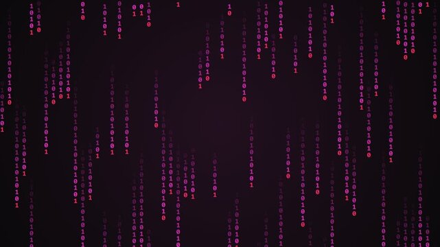 Digital binary code background with falling purple numbers representing data stream technology