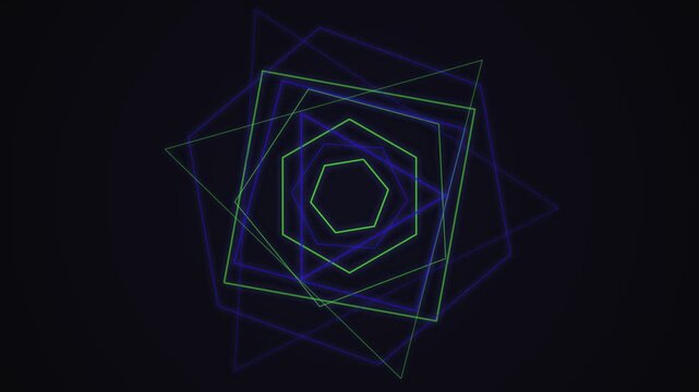 Neon glowing geometric polygon shapes forming a hypnotic tunnel effect on a dark black background