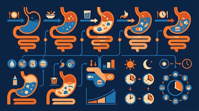 Infographic of human digestive system and metabolism stages