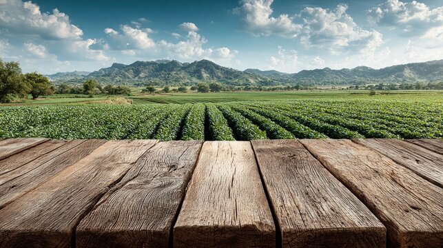 Rustic wooden table top with a background of green agricultural fields and distant mountains under a blue sky.