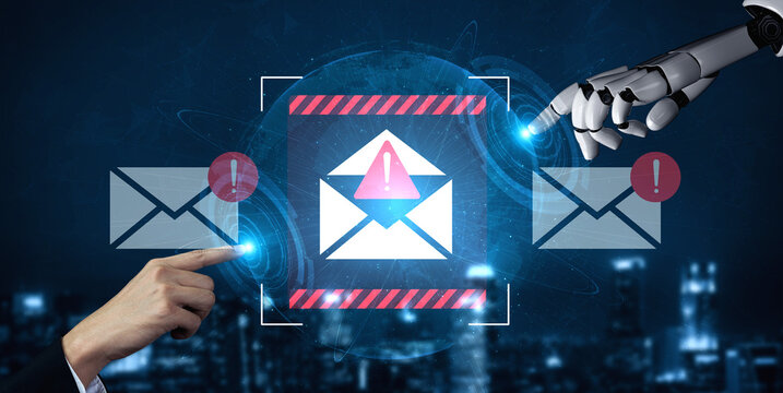 A visual representation of collaboration between robot and human, emphasizing digital communication through an alert email icon in a futuristic setting. Gantry