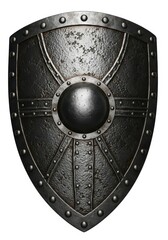 Fototapeta premium Medieval Knight Iron Shield with Rivets and Central Boss Isolated on White Background for Historical Design