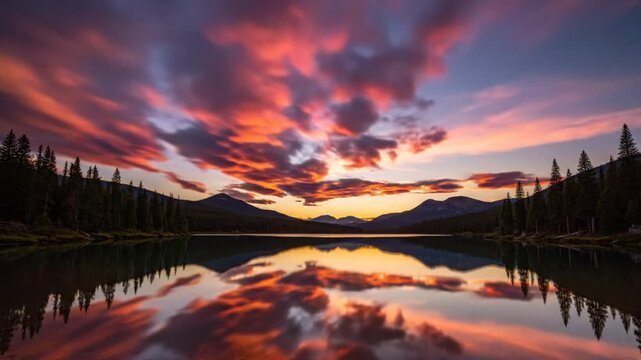 Stunning sunset over calm lake with reflecting clouds and majestic mountains, time lapse view