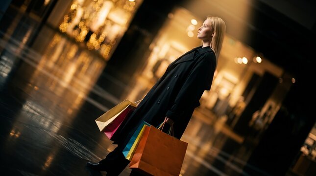 Elegant blonde woman carrying paper bags featuring colorful retail packages, stylish black coat and luxury mall atmosphere, representing high end consumerism and modern lifestyle