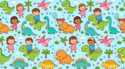 Cute children playing and riding colorful dinosaurs seamless pattern © andi