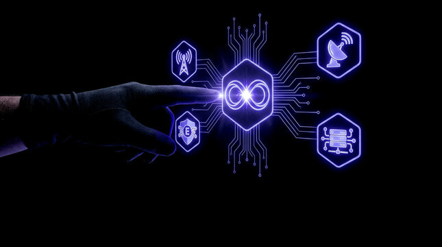 Gloved hand interacts with futuristic holographic interface symbolizing the significant Quantum Computing Progress in secure network communication amidst high-tech digital environment