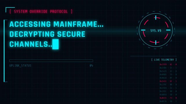 Futuristic computer system interface, neon-lit cyberpunk display with progress bar and telemetry data, seamless loop of accessing mainframe and decrypting secure channels, symbolizing technology