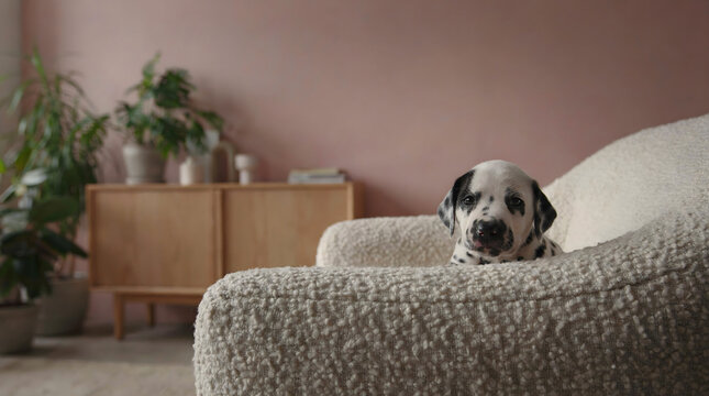Adorable puppy peeking over the back of a plush couch in a warm, minimalist home interior