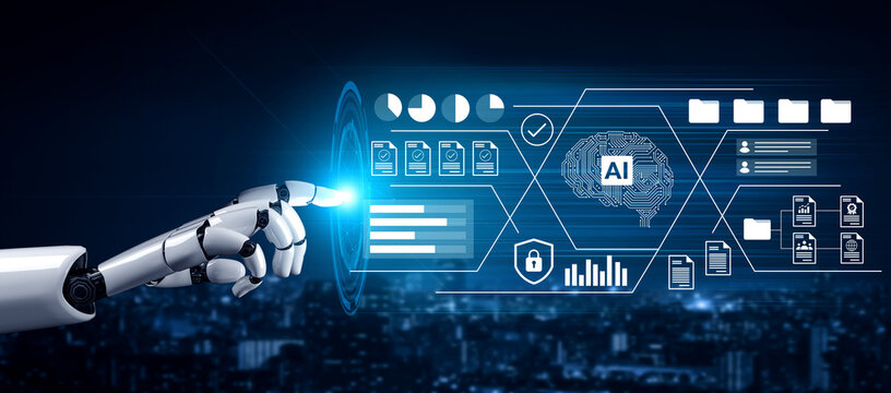A robotic hand engages with a futuristic interface showcasing data analytics and artificial intelligence, symbolizing innovation and technological advancement in the digital age. Gantry