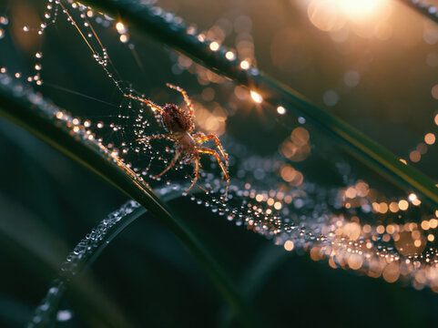 Hyper realistic macro shot of a spider weaving silk between wet grass blades, every thread covered in sparkling dew, sunrise light creating glowing highlights, cinematic nature documentary style. 