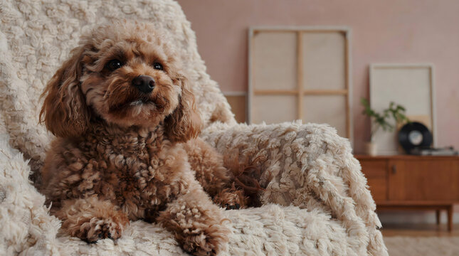Fluffy brown puppy relaxing on a cozy textured armchair in a bright domestic setting