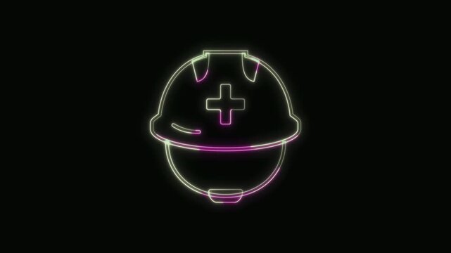  Rescue Worker Helmet Icon Neon Seamless Loop 4K with Black Background Animated Promotional Typography for Video Editing