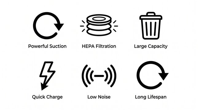 Minimalist product feature icons highlight suction, filtration, capacity, charging, noise reduction, and durability through clean symbolic black line design.