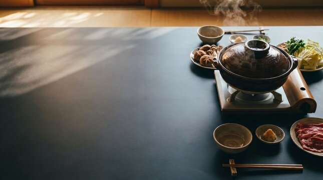 Japanese ceramic Donabe hot pot steaming on gas stove with dark slate table copy space