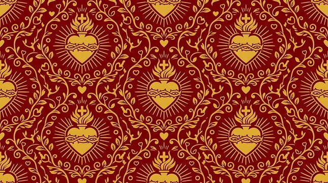 Ornate sacred heart pattern in gold and red damask style