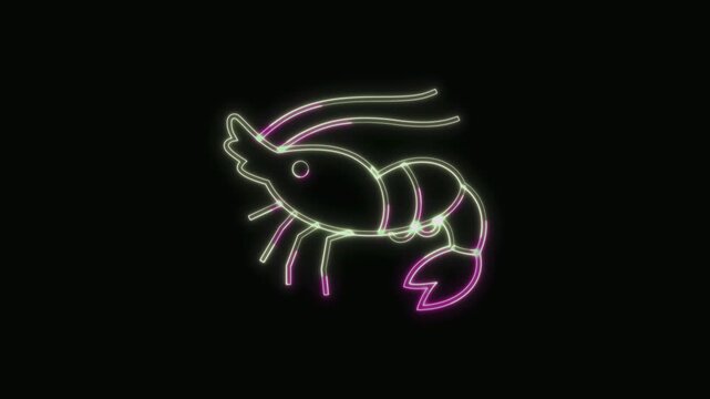  Shrimp Icon Neon Seamless Loop 4K with Black Background Animated Promotional Typography for Video Editing