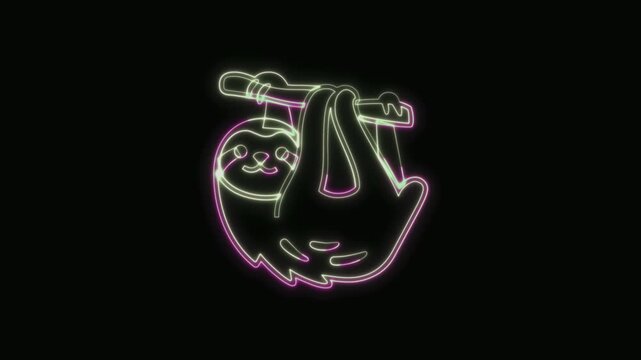  Sloth Icon Neon Seamless Loop 4K with Black Background Animated Promotional Typography for Video Editing