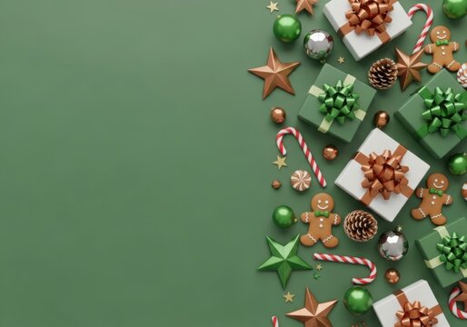 Christmas flat lay background with gifts and ornaments