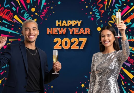 Happy new year 2027 celebration with couple and champagne