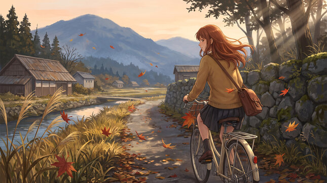 A serene autumn journey through a picturesque countryside village with a young woman cycling past fallen leaves and a rustic stone wall