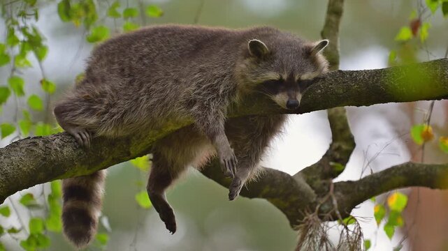 Waschb&auml;r (Procyon lotor), liegt auf einem Ast