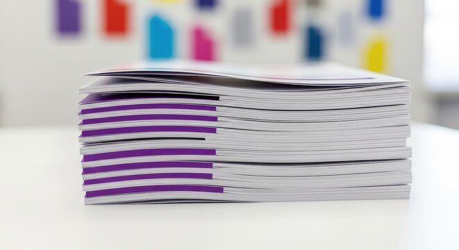 Stack of Professional Printed Brochures with Purple Spines on a White Table in a Modern Office