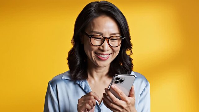 Cheerful woman with glasses smiling while interacting with smartphone against bright yellow background