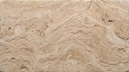 Fototapeta premium Earthy beige travertine stone slab displaying natural wavy patterns and porous texture, ideal for architectural design.