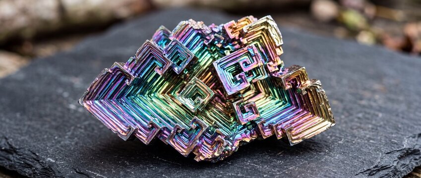 Macro iridescent bismuth crystal specimen displaying geometric stair-step hopper structure on dark slate stone background for geology study