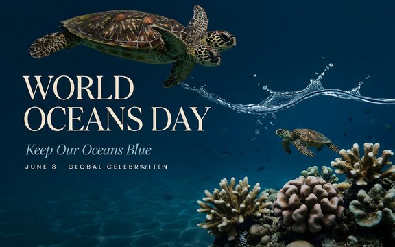 World oceans day poster with marine life and coral