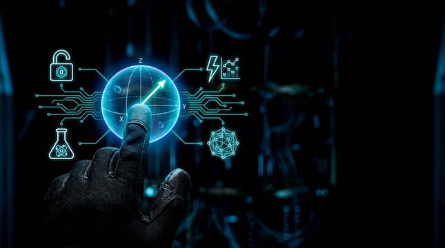 Close-up photo of gloved finger touching glowing holographic interface of Bloch sphere demonstrating quantum computing progress in high-tech laboratory
