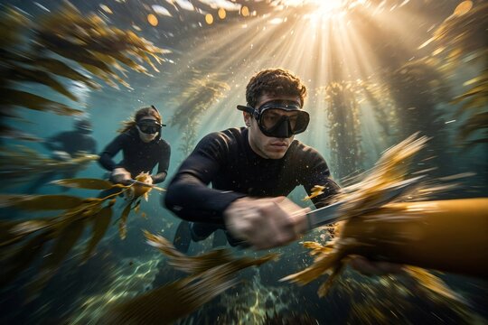 Caucasian marine biologists in wetsuits swimming through an aquatic kelp forest Macrocystis pyrifera and harvesting seaweed with an underwater knife