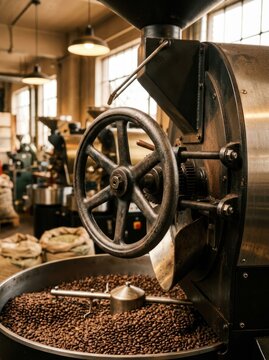 Close-up of a vintage coffee roaster machine with beans.