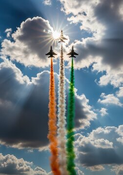 Indian Air Force Fighter Jets Performing Air Show with Saffron White and Green Smoke Trails in Cloudy Sky with Sun Rays