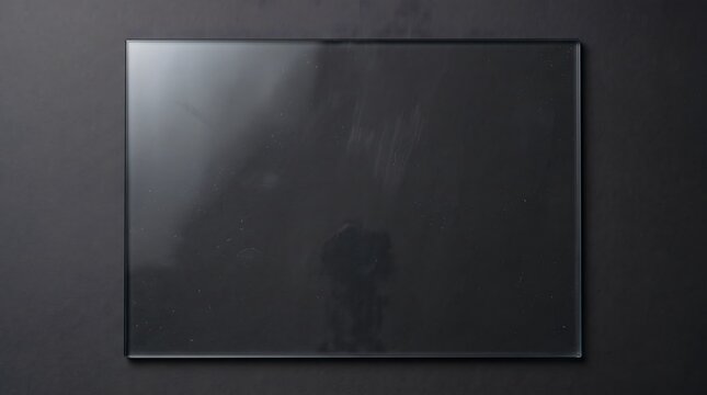 A sleek rectangular blank glass screen with a subtle reflection sits on a dark background for modern commercial design concepts.