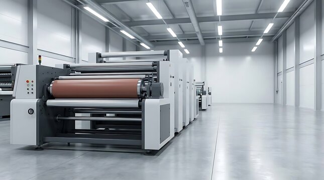 Industrial flexographic anilox roller system installed inside a modern clean manufacturing facility with bright lighting and polished concrete flooring.