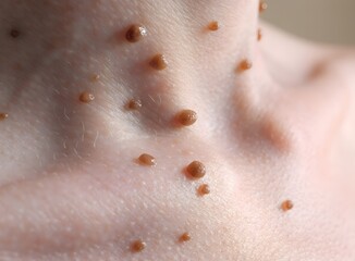 Fototapeta premium Close-up view of multiple skin tags, small benign growths, acrochorda, on a person's neck and chest area