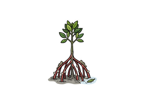 Illustrated Mangrove Sapling Growing In Muddy Shallow Water With Intricate Red Roots And Tiny Wildlife Such As Frogs And Crabs Plus A Floating Leaf.