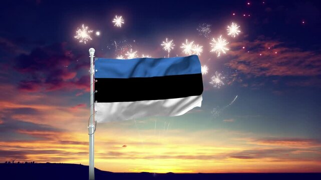 Estonian flag waving proudly in animated footage during fireworks display