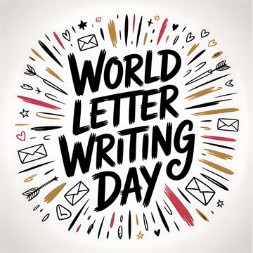 World Letter Writing Day handwritten text with decorative elements and communication symbols forming a circle
