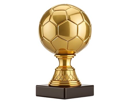 Golden Soccer Ball and Trophy Cup on White Background, Symbol of Football Championship, Victory, Success, Award, Achievement, Competition and Sports Excellence