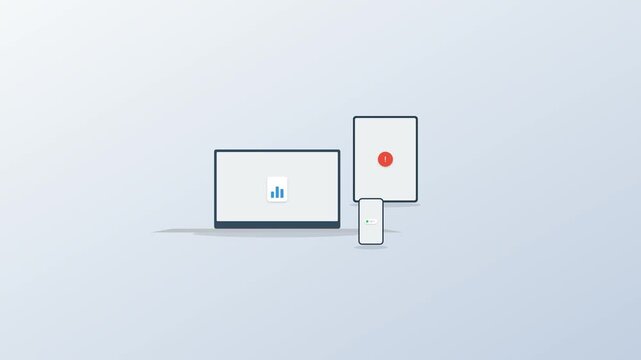 Minimalist vector illustration of connected digital devices including a modern laptop, tablet, and smartphone on a clean light background
