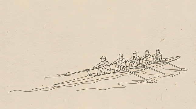 Minimalist line art of rowing team in a boat
