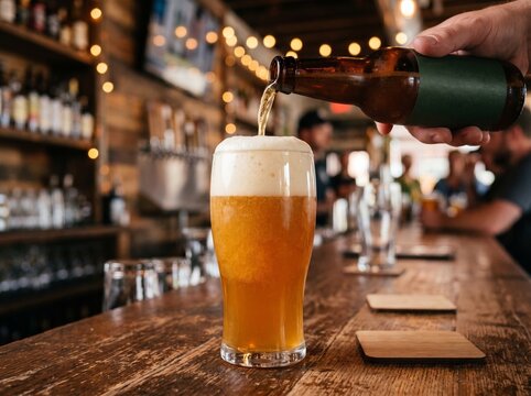 Close up of bartender pouring cold lager beer from bottle into pint glass with foam