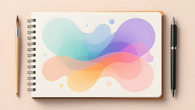Colorful Abstract Design Notebook: An open notebook displays a vibrant abstract design with fluid shapes and soft gradients, accompanied by a pencil and a pen.