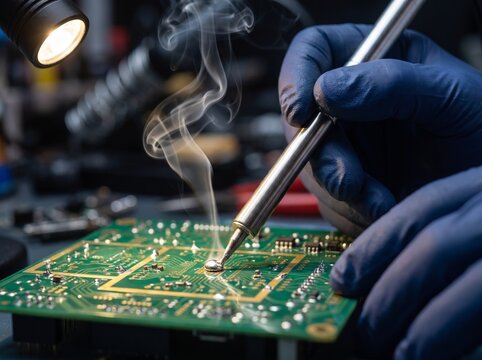Close up of gloved technician hands soldering electronic circuit board with iron and smoke