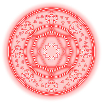 Glowing red neon magic spell circle pentagram array isolated on black background vector illustration